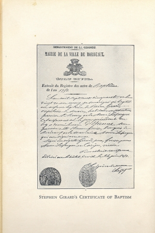 Stephen Girards Certificate of Baptism.