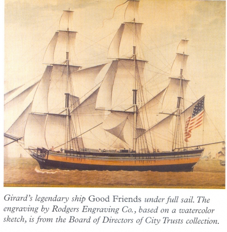 Girards ship, Good Friends, 246 tons,  under full sail leaving Leghorn, modern day Livorno, Tuscany, Italy. Bought and rebuild by Girard in 1792. Captured by the British 1813. Stephen Girard Collection