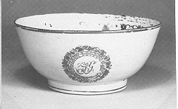 Monogrammed porcelain bowl, custom-made for Stephen Girard near Canton, China. Grapevine medallion decoration in gold surrounds initial G.S. About 1810. Goldstein 1978, Stephen Girard Collection.