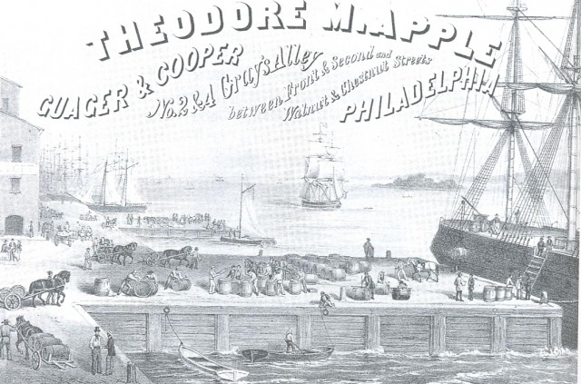 Girards Philadelphia; Chromolithography advertisement for Theodore M. Apple, numbers 2 & 4 Grays Alley, 1858. While later than Girards time this image show activity on the water front typical of Girards era. Ships unloading, shipping containers used (barr