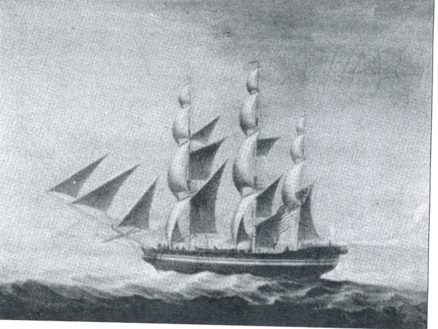 Girards China packet ship Montesquieu off Macoa harbor, by The Painter of The Wreak of the President Adams. Chinese, about 1810. Captured off Delaware Capes March 1813 by  British schooner La Pax attached to Man-ofwar Poitiers, ransomed for $180,000 speci