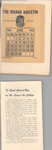 Monthly Calendar April 1958; Departing Advice Booklet for graduates
