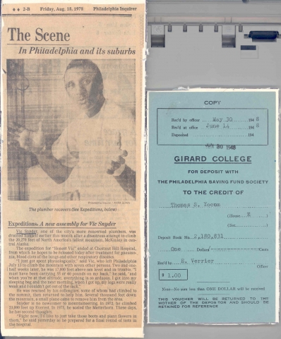 8/18/78 Phila Inquirer article on Vic Snyder; Student PSFS Deposit ticket