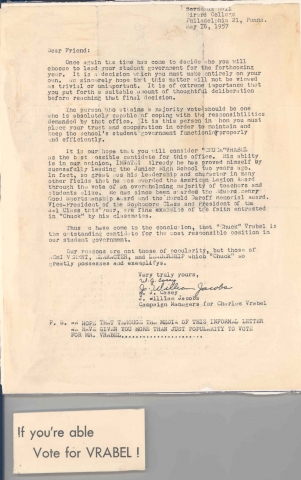 Chuck Vrabel campaign letter written by Casey/Jacobs 5-16-57 for Student Body President  