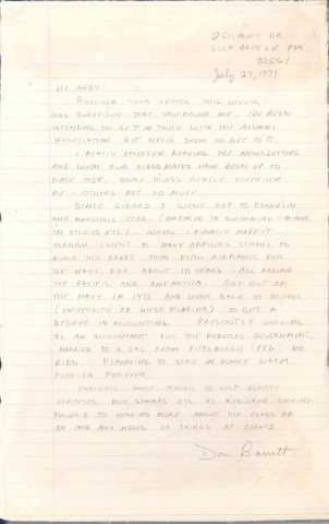 Don Barrett letter of 7-27-79 updating his life after Girard