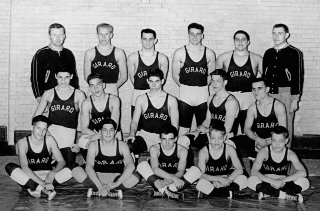 57-58 Wrestlers. Standing: Coach Bradly,?, Baggio 59.?,?, Ritchy.
Kneeling: Batalsky,?,?,Senick,?.
Sitting: ?,?,?,?,?.