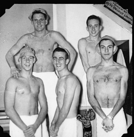 57-58 Roach, Upton, Clark, Kerr, Richey. Sign says Troop 37 Boy Scout Camp