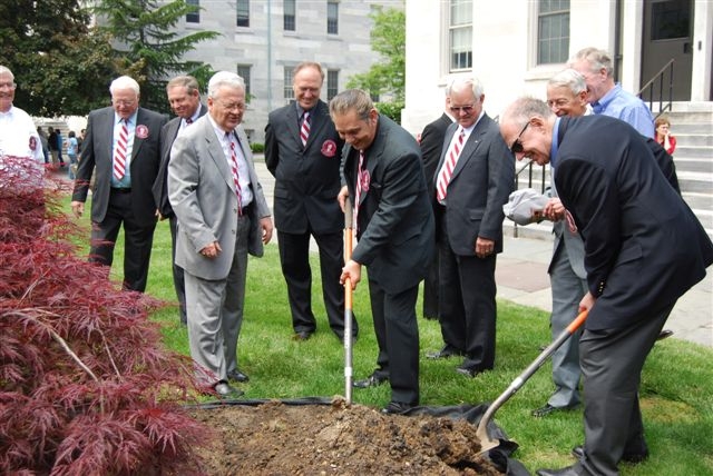 Founders Day 2008. Planting of class gift of Cut Maple tree - Bob Cryst & Hank Grabowski with shovels. - Kopec