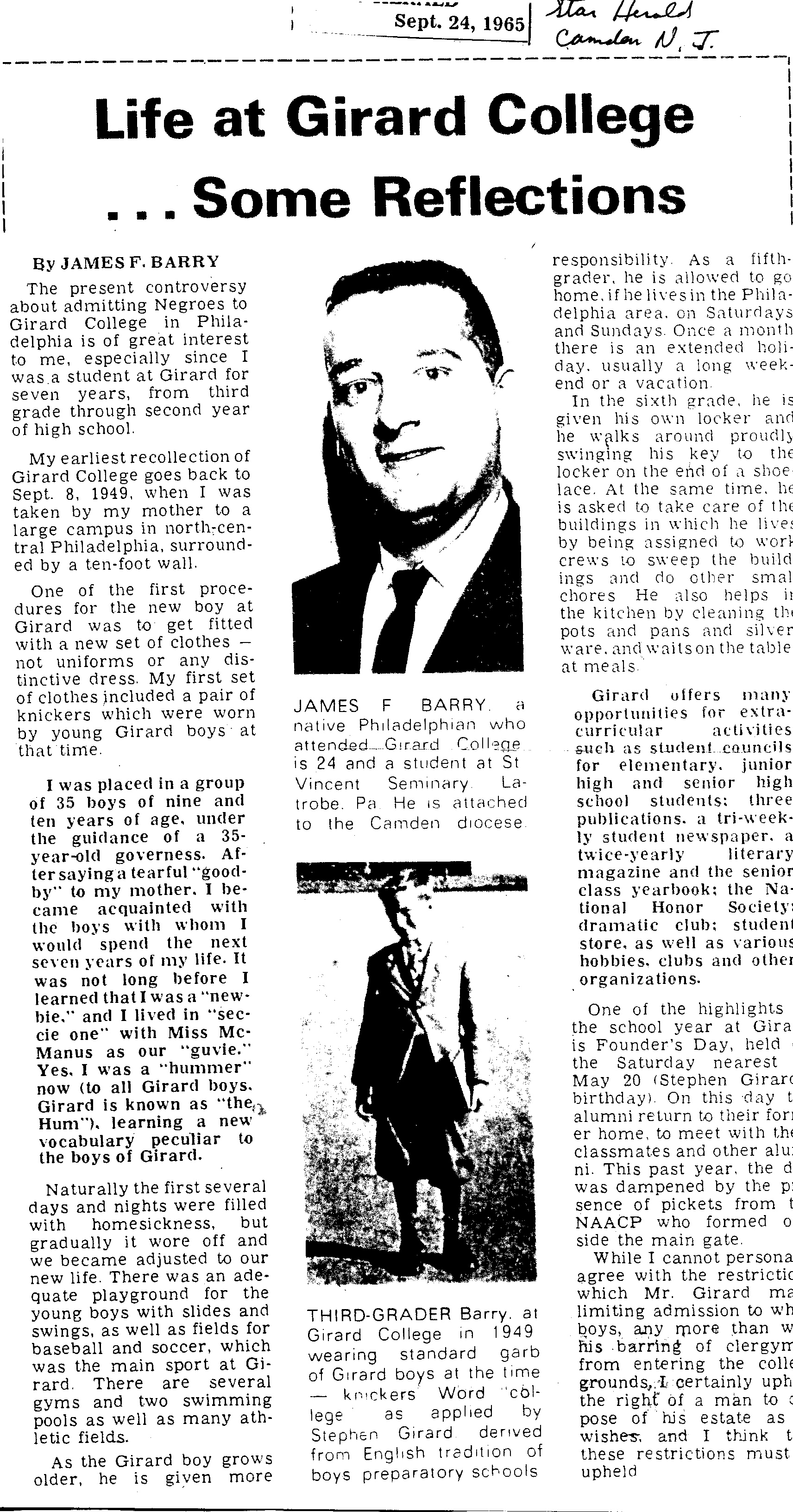Jim Barry's reflection on life at girard. - From the Star Herald, Camden, N.J. 4 Sept. 1965